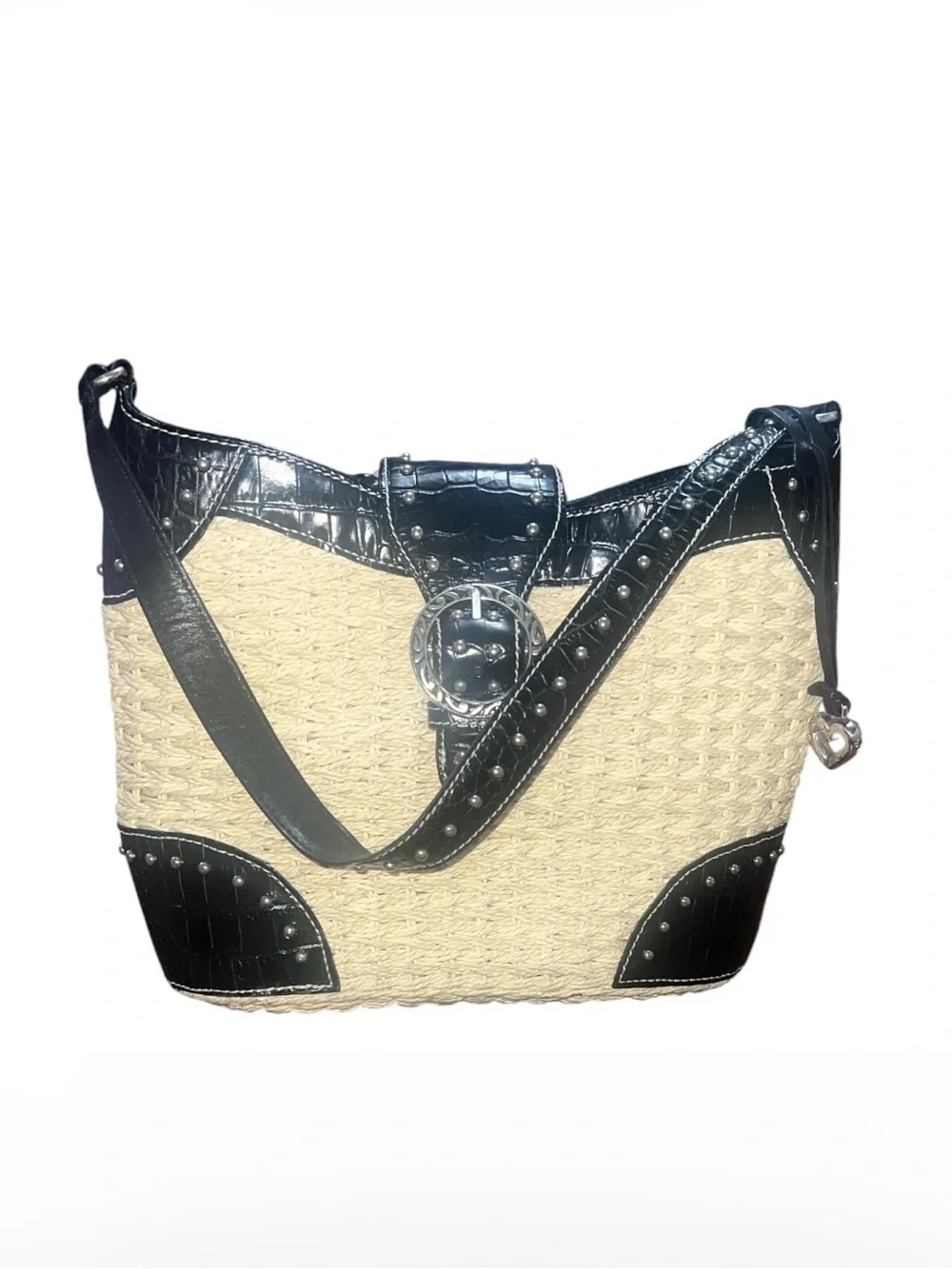 Brighton Cream Woven Tote with Black Croc-Trim and Heart Charm